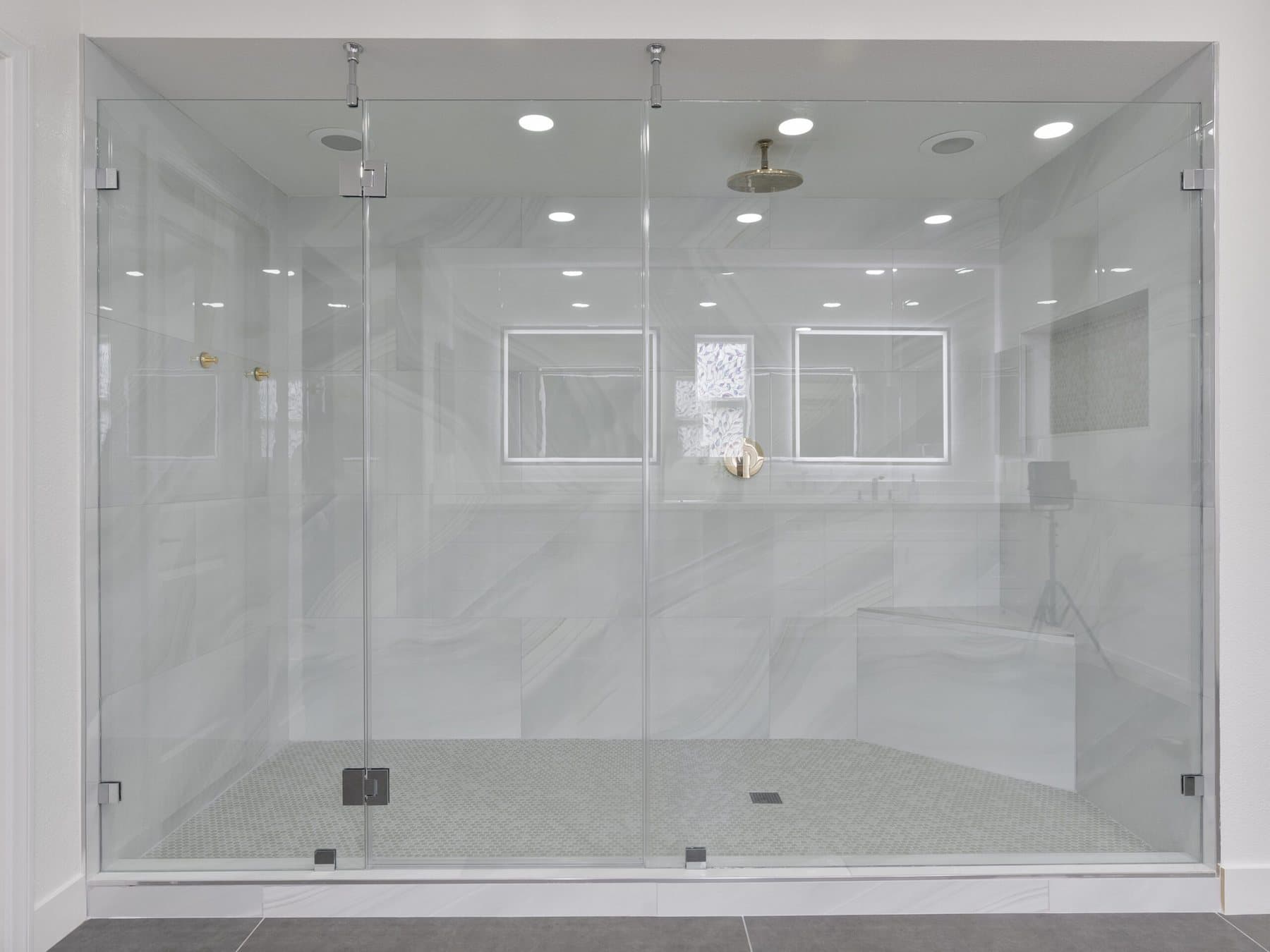 Lone Mountain bathroom remodel: oversized walk-in shower with frameless glass