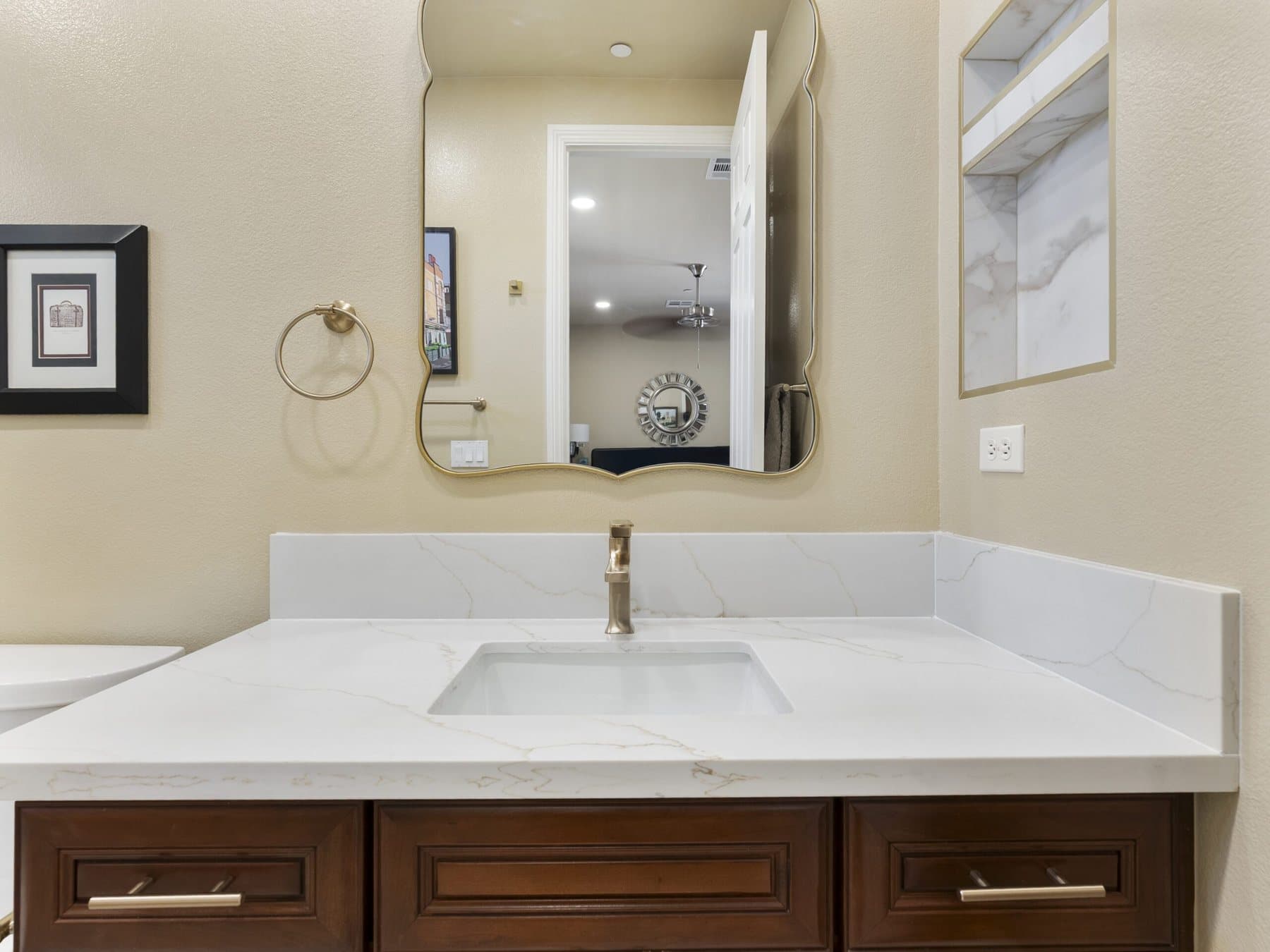 Small bathroom remodel: vanity with white countertop