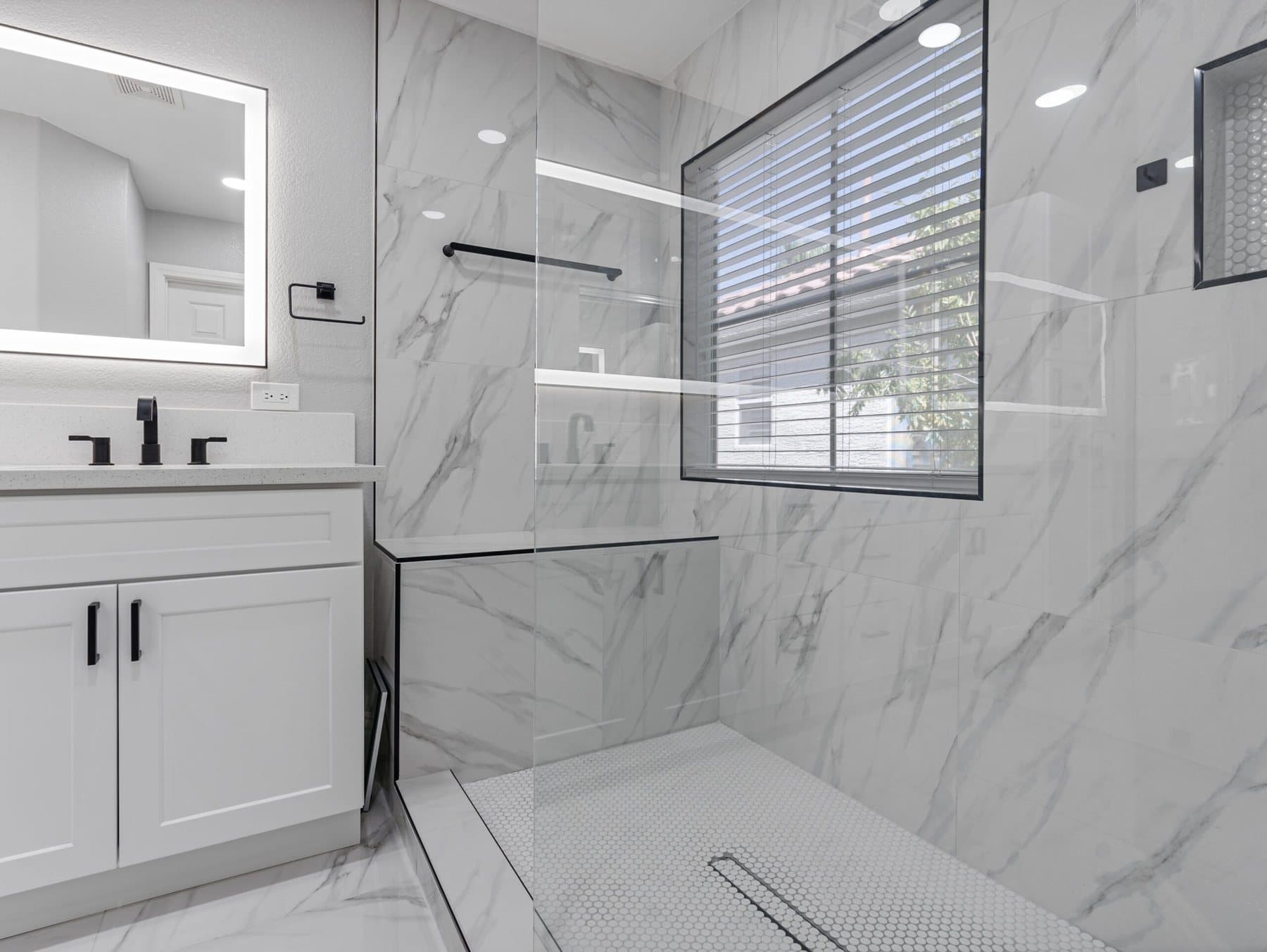 Summerlin bathroom remodel: vanity beside a curbless walk-in shower